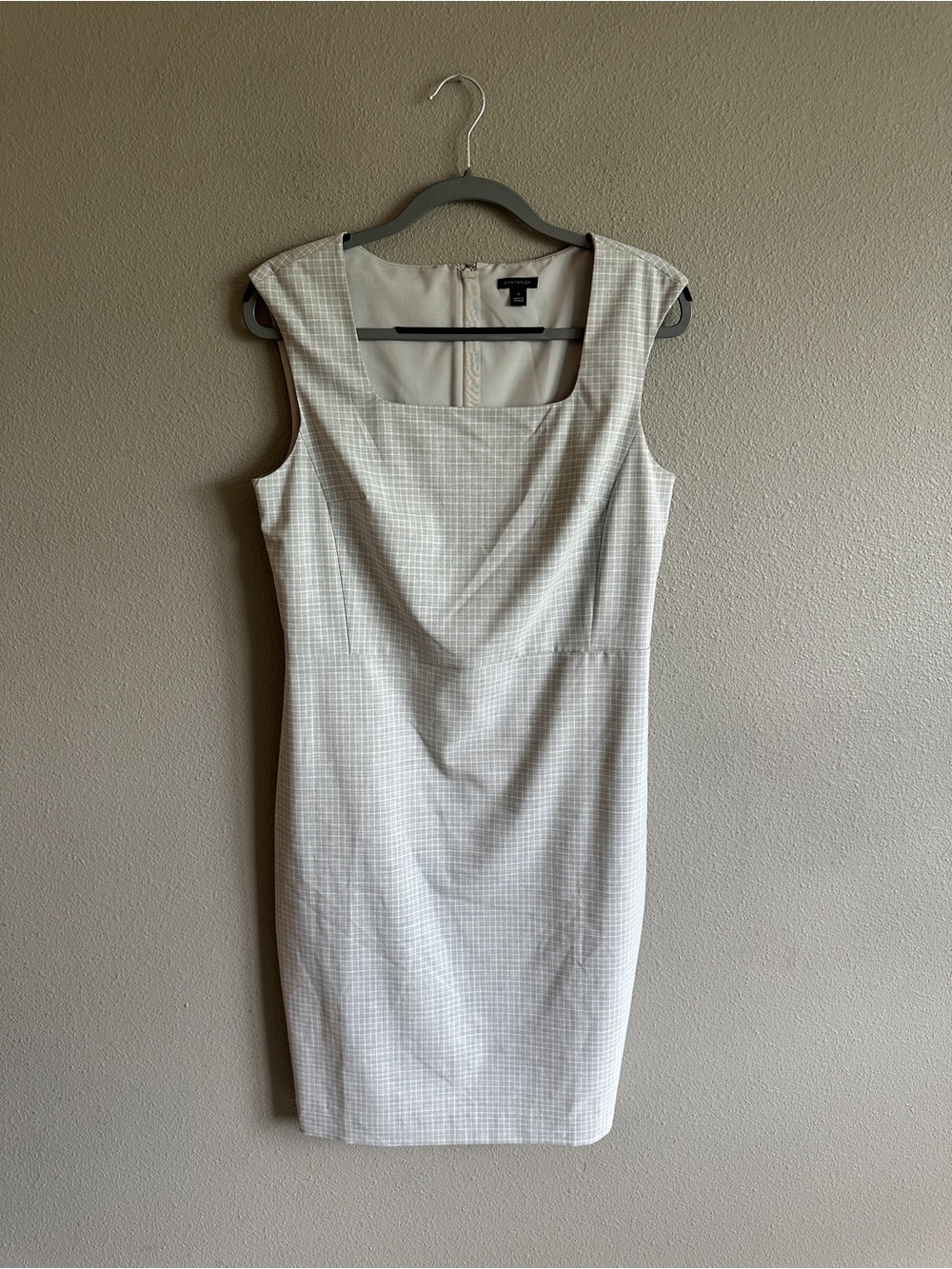 Ann Taylor Cream and Light Gray Plaid Midi Sheath Dress